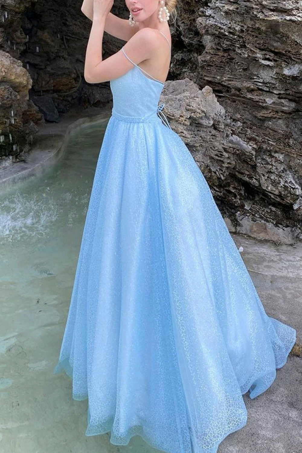 Sparkly Sky Blue Prom Dress with A-line Silhouette