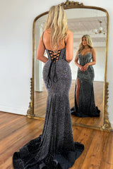 Black Sparkly Mermaid Prom Dress with Beading and Spaghetti Straps