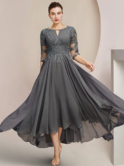 Scoop Neck Tea-Length A-Line Mother of the Bride Princess Dress
