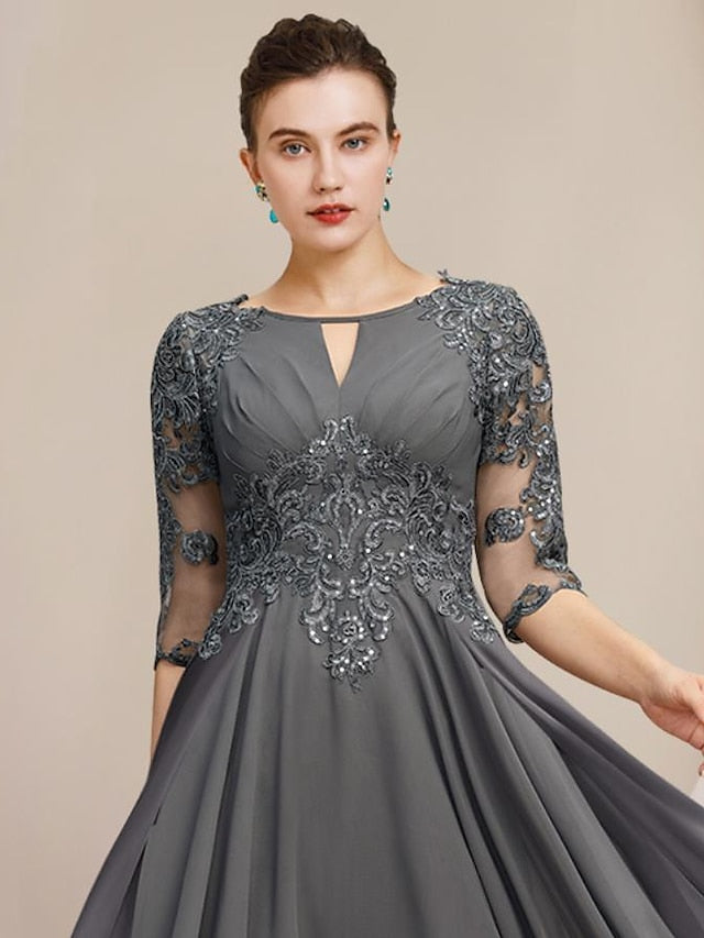 Scoop Neck Tea-Length A-Line Mother of the Bride Princess Dress