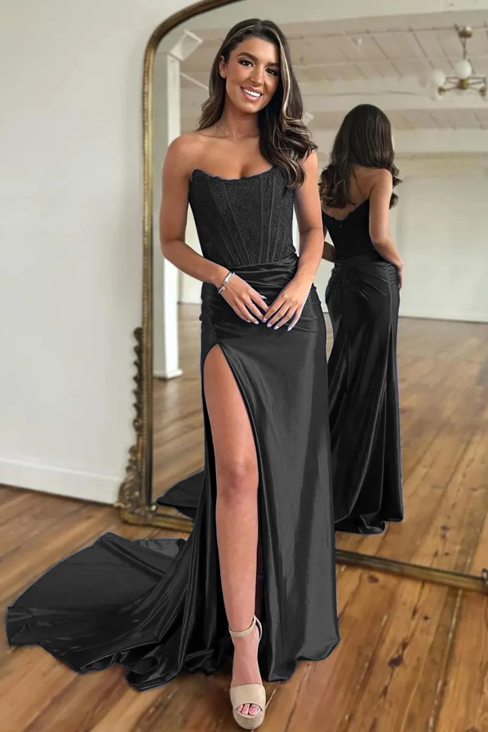 Long Red Satin Sweetheart Mermaid Prom Dress with Slit