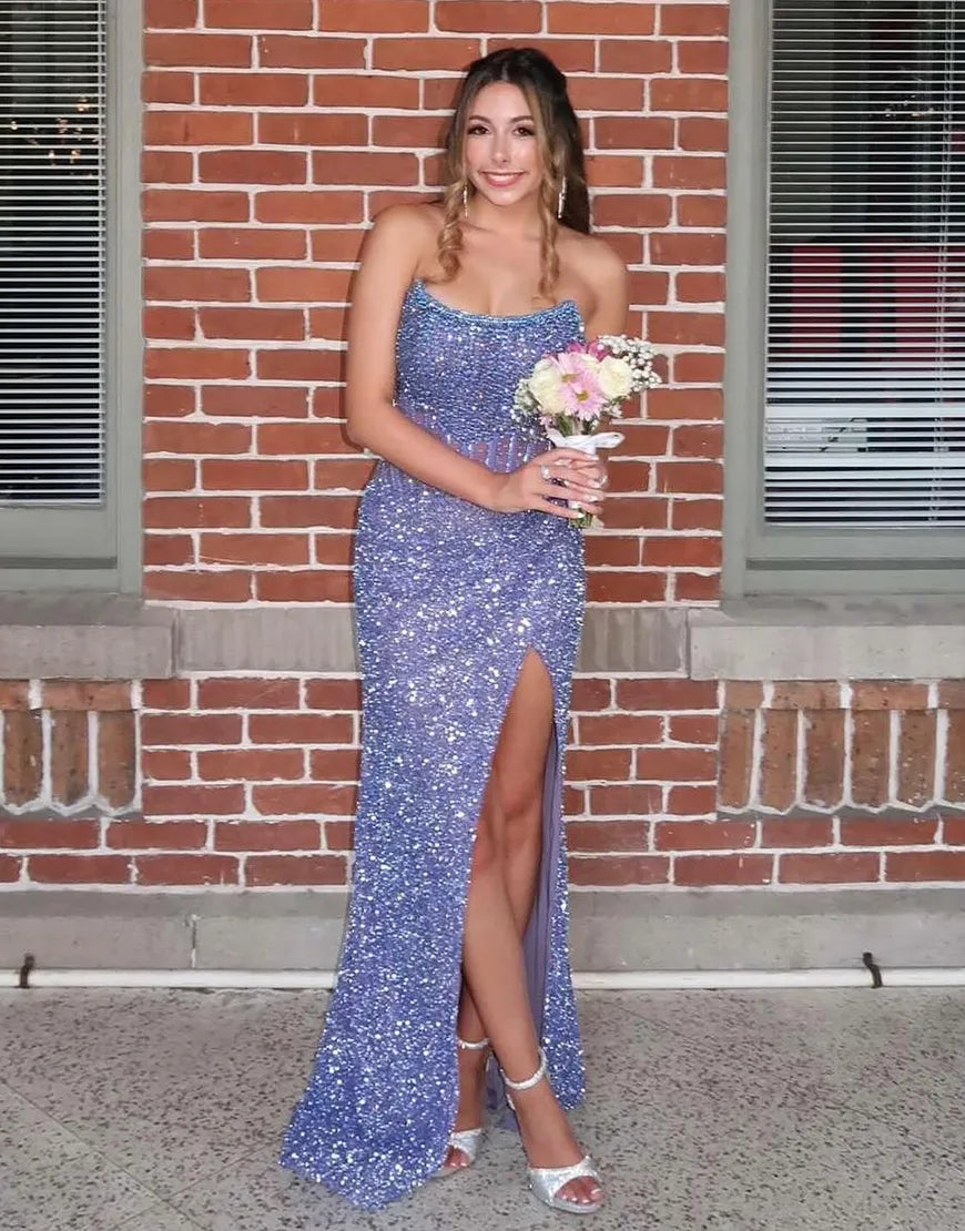 Long White Strapless Sparkly Corset Prom Dress with Sequins and Slit