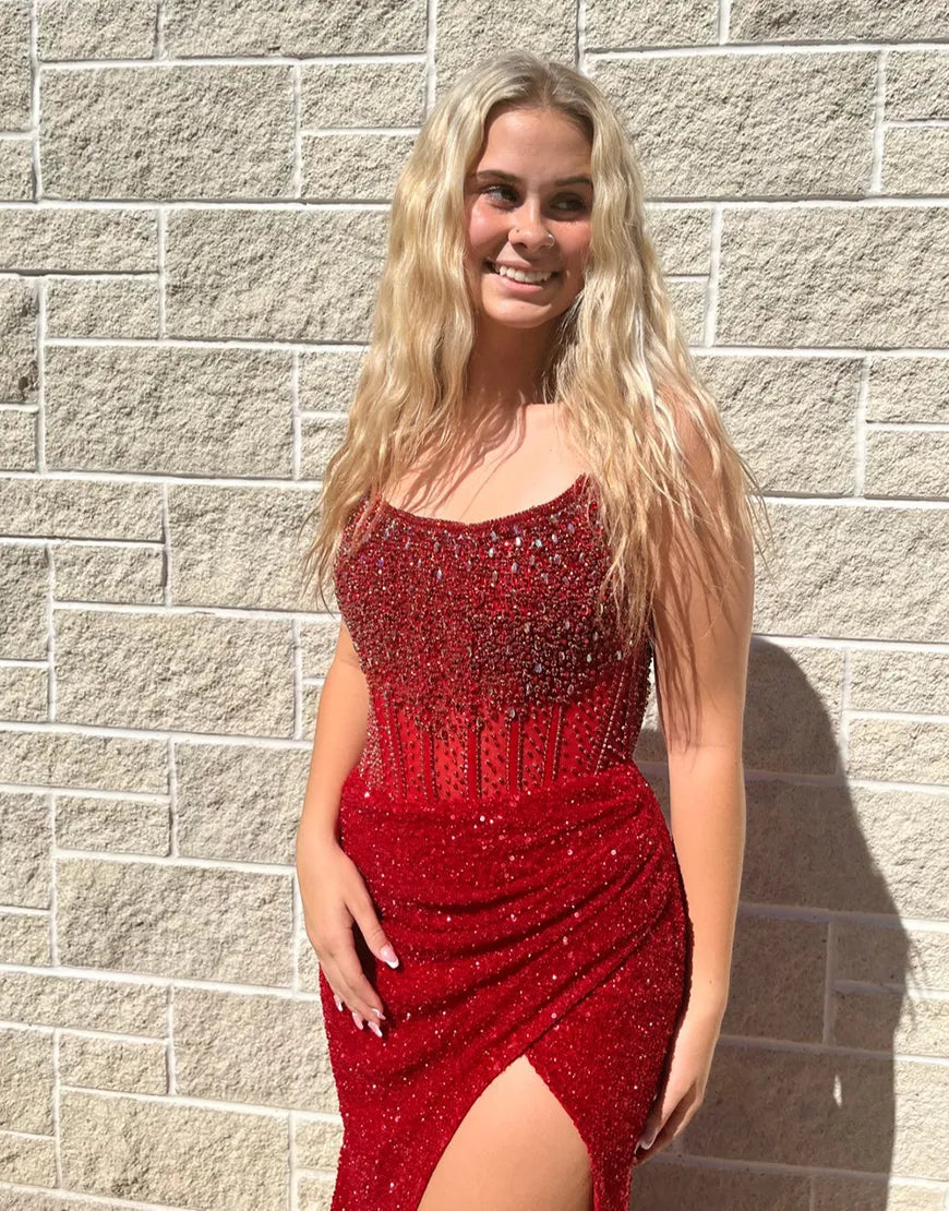 Long White Strapless Sparkly Corset Prom Dress with Sequins and Slit