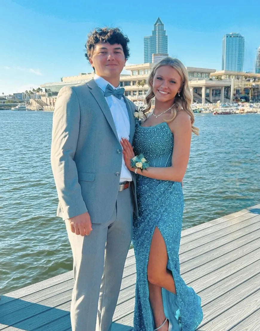 Long Strapless Lavender Corset Dress with Sparkly Sequins and Beading for Prom