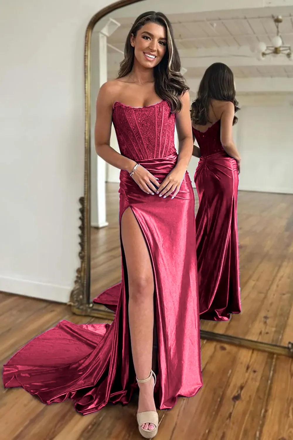 Long Red Satin Sweetheart Mermaid Prom Dress with Slit