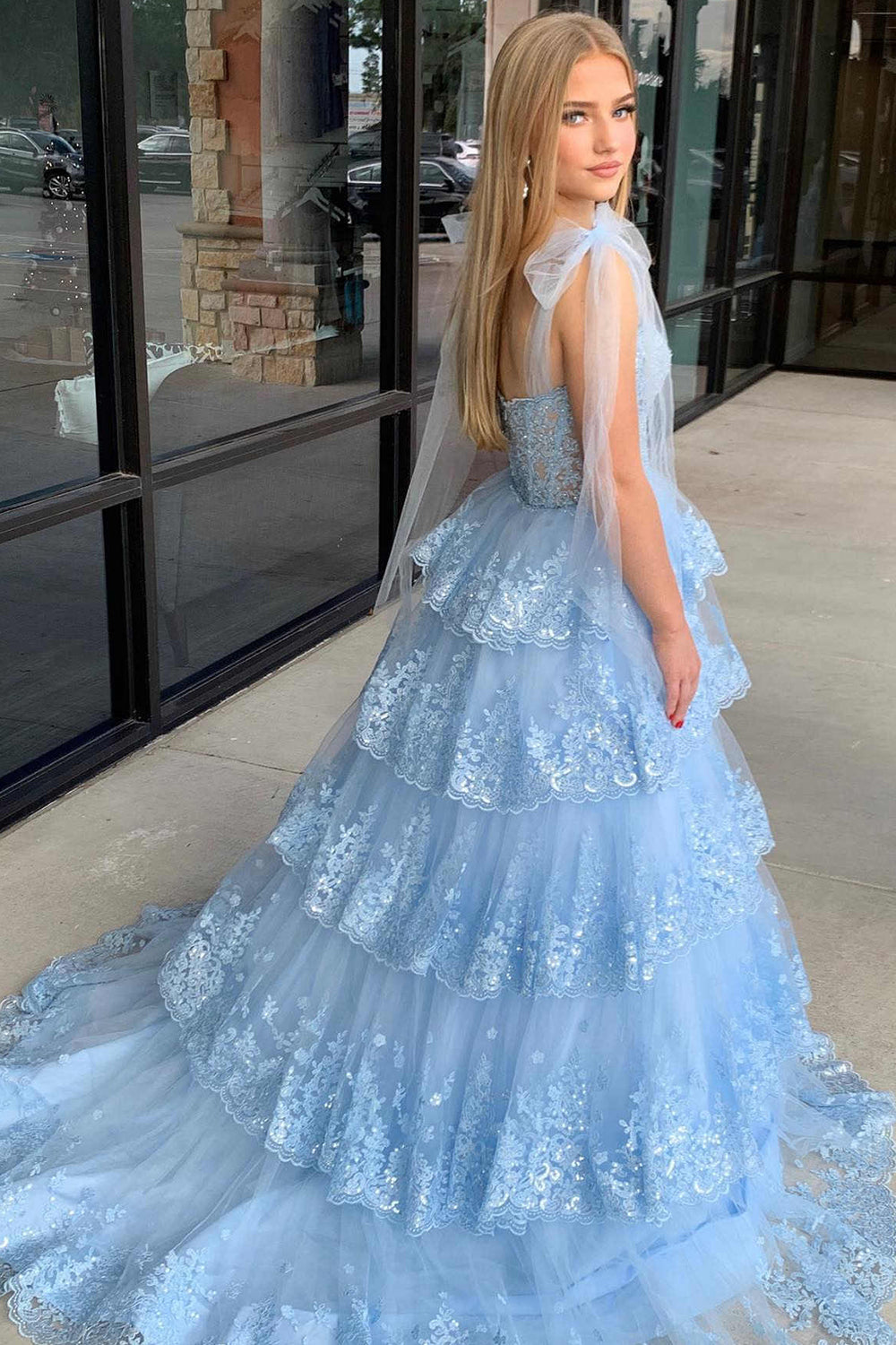 Blue Princess Corset Prom Dress with Tiered Spaghetti Straps and Appliques