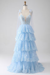 Blue Princess Corset Prom Dress with Tiered Spaghetti Straps and Appliques