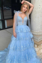 Blue Princess Corset Prom Dress with Tiered Spaghetti Straps and Appliques