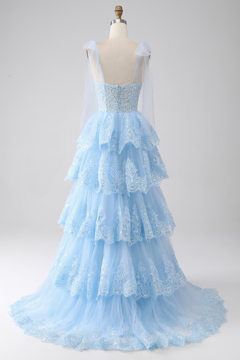 Blue Princess Corset Prom Dress with Tiered Spaghetti Straps and Appliques