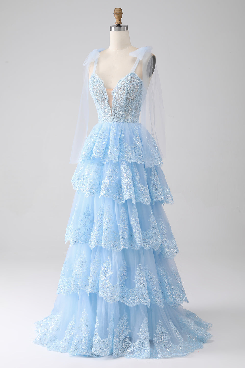 Blue Princess Corset Prom Dress with Tiered Spaghetti Straps and Appliques