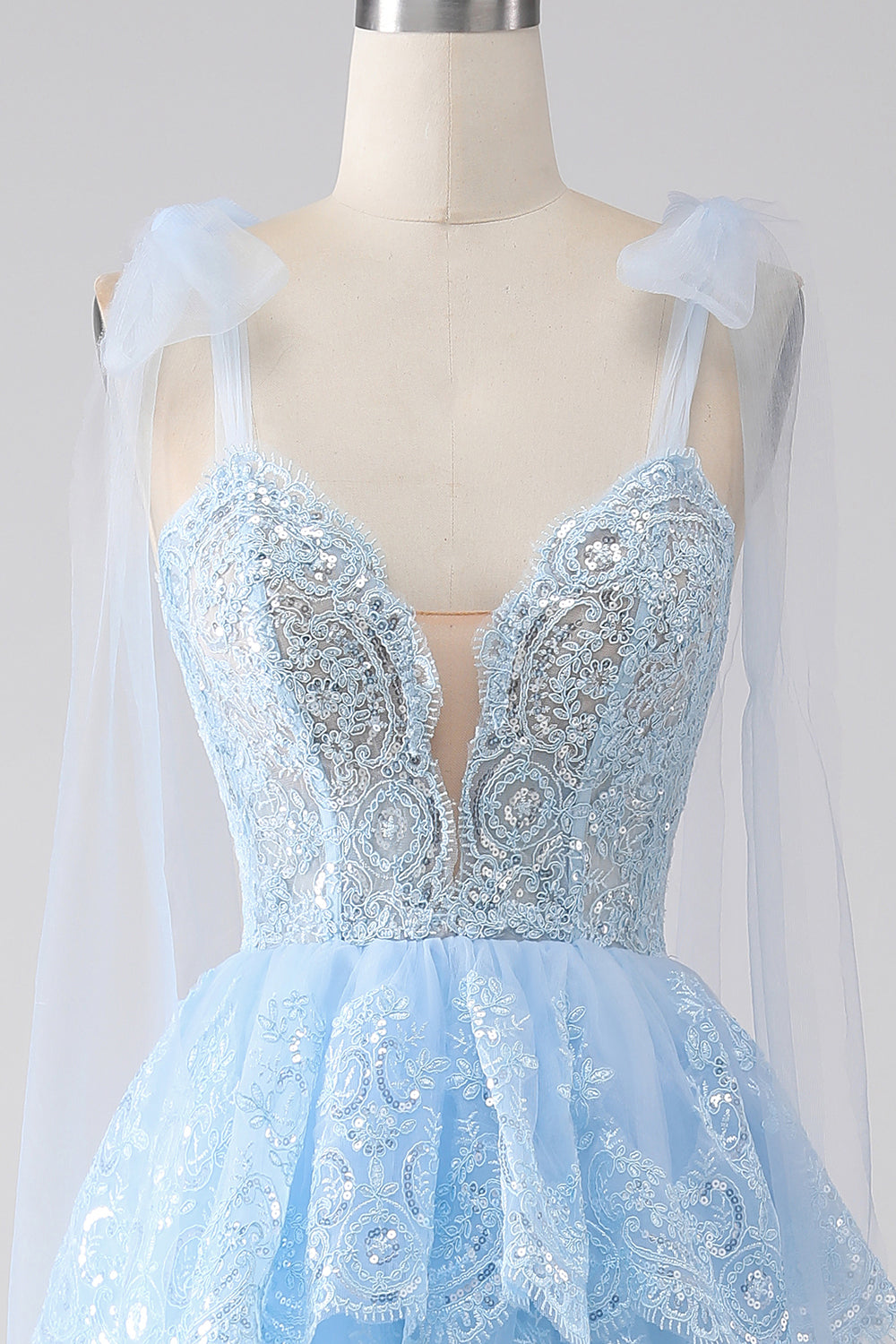 Blue Princess Corset Prom Dress with Tiered Spaghetti Straps and Appliques