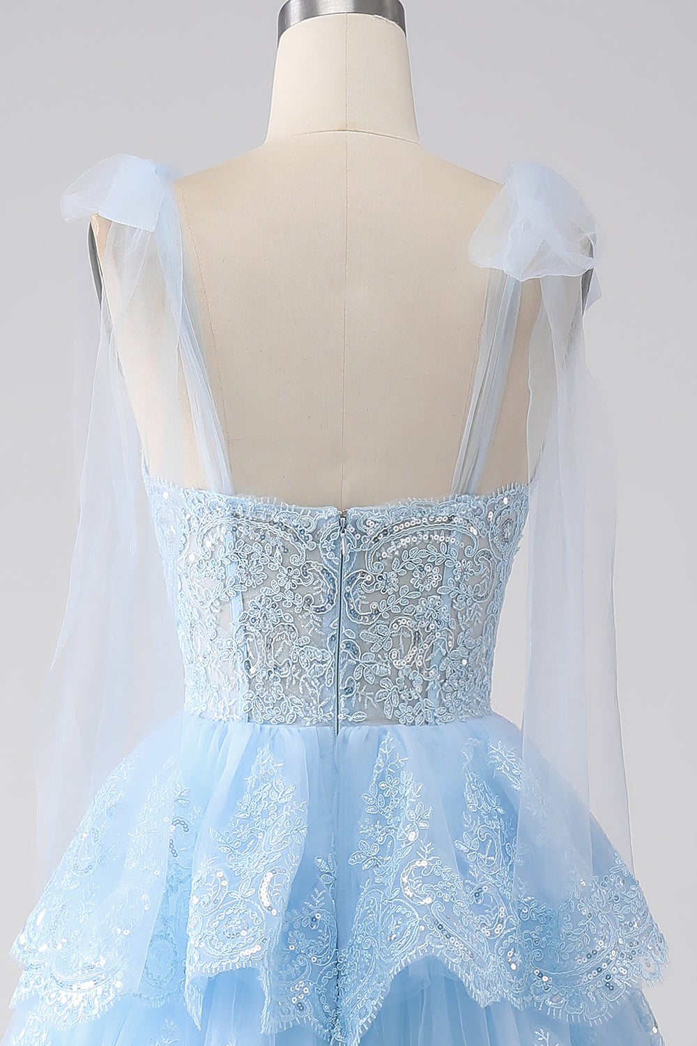 Blue Princess Corset Prom Dress with Tiered Spaghetti Straps and Appliques
