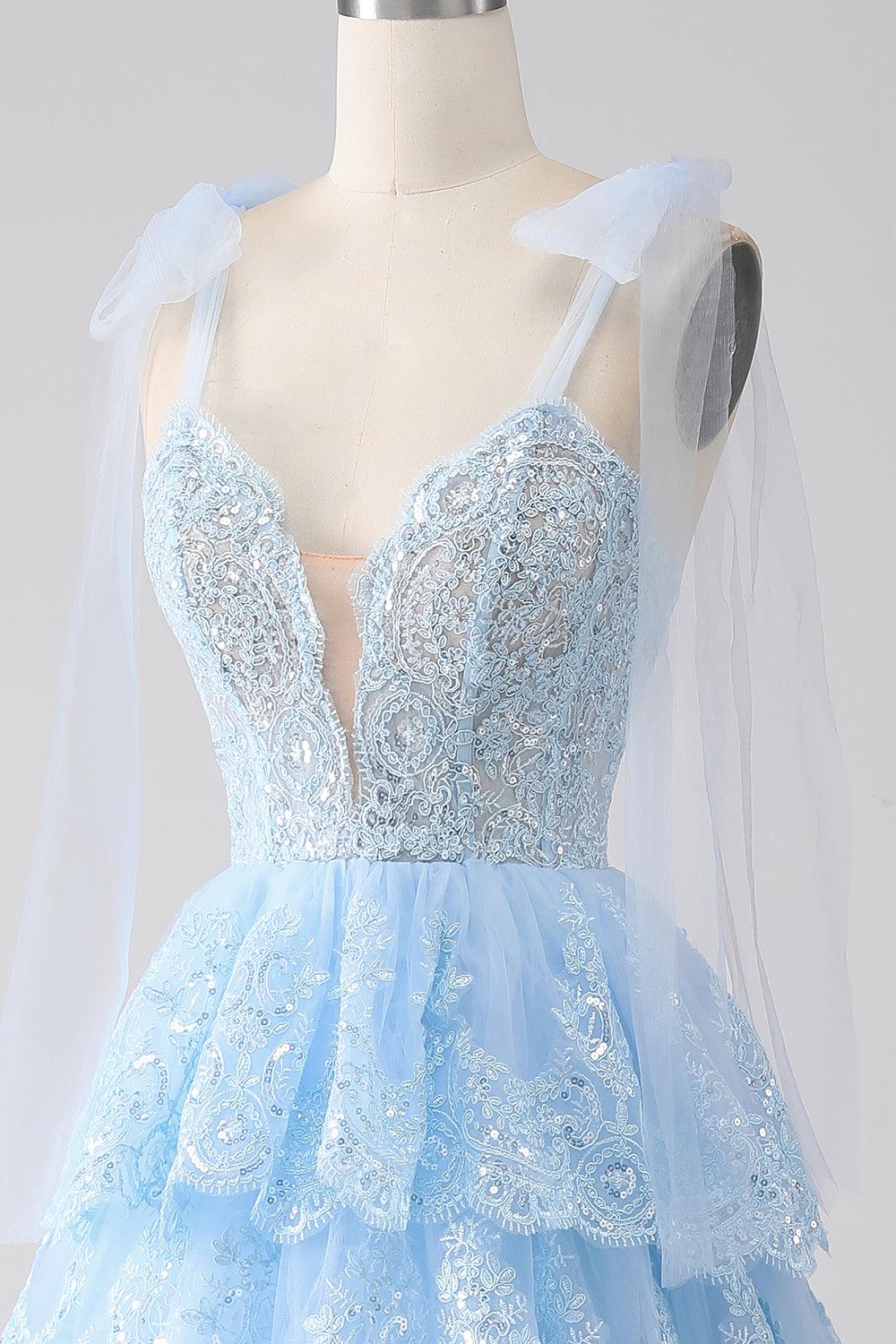 Blue Princess Corset Prom Dress with Tiered Spaghetti Straps and Appliques