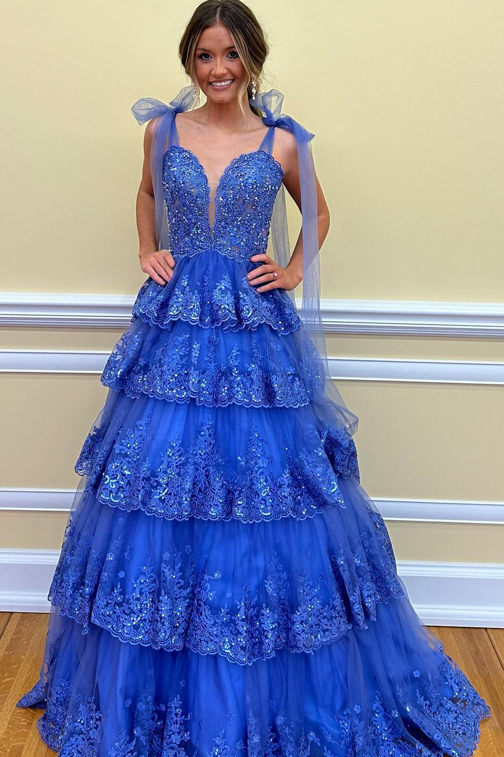 Blue Princess Corset Prom Dress with Tiered Spaghetti Straps and Appliques