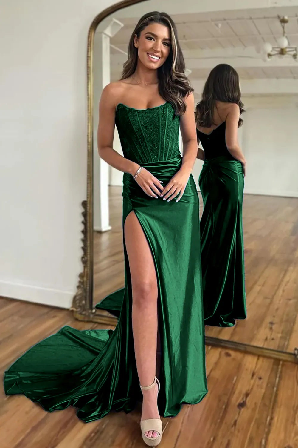 Long Satin Mermaid Prom Dress in Fuchsia with Strapless Corset and Slit
