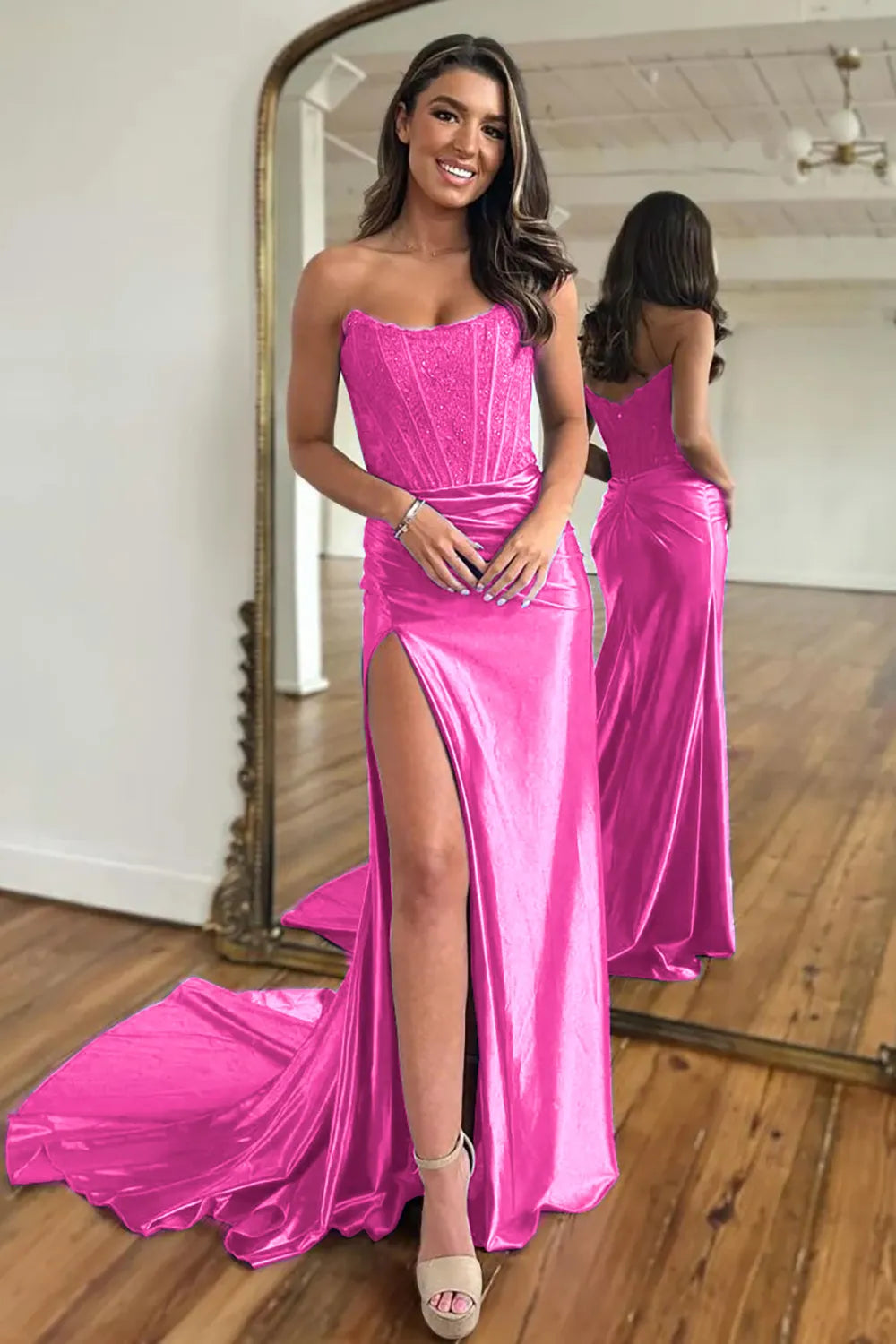 Long Satin Mermaid Prom Dress in Fuchsia with Strapless Corset and Slit