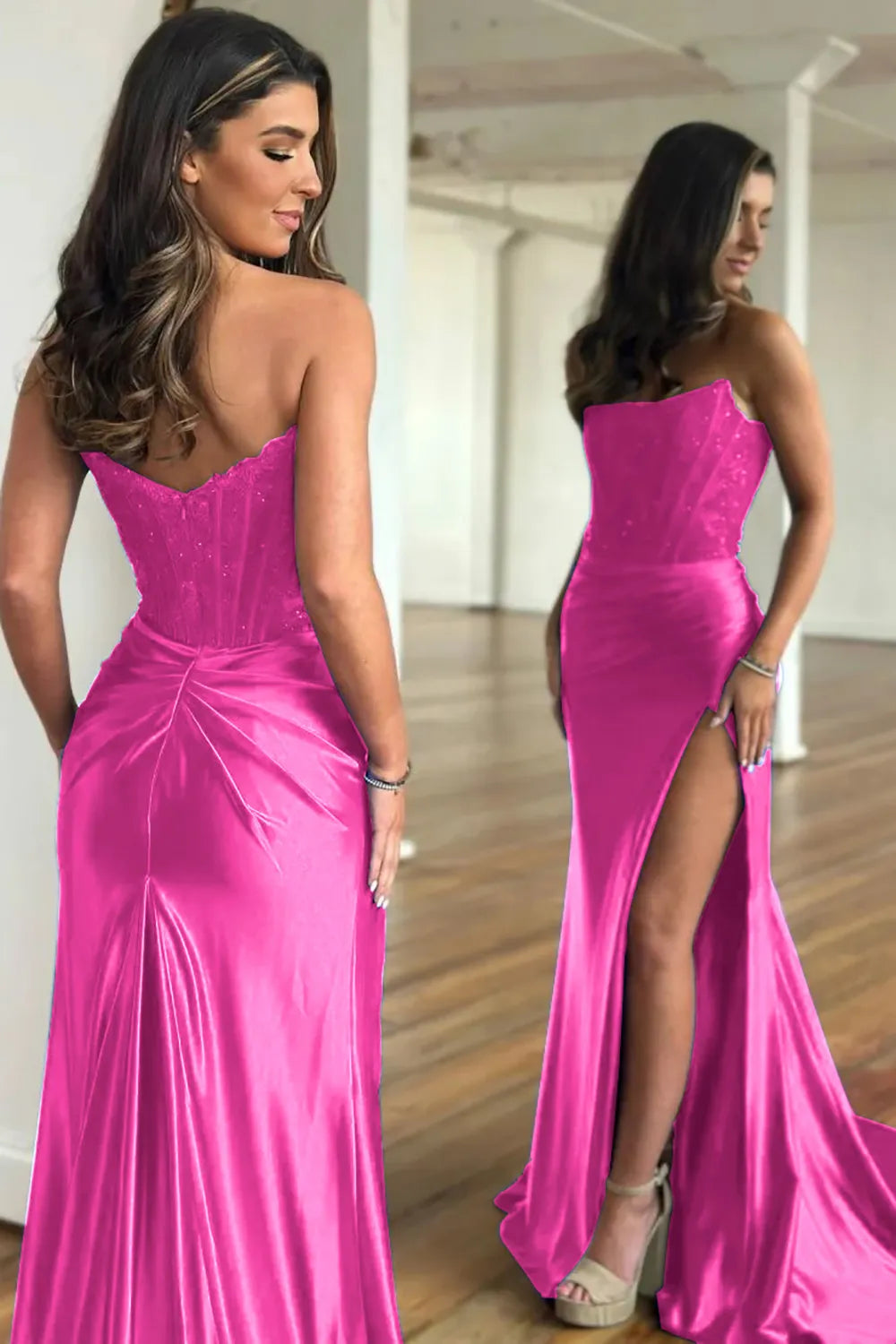 Long Satin Mermaid Prom Dress in Fuchsia with Strapless Corset and Slit
