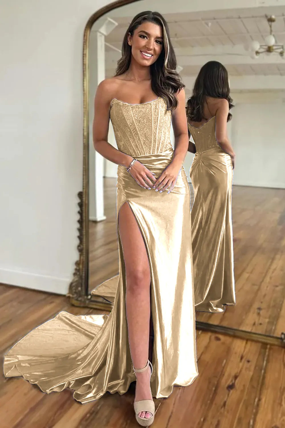 Long Satin Mermaid Prom Dress in Fuchsia with Strapless Corset and Slit