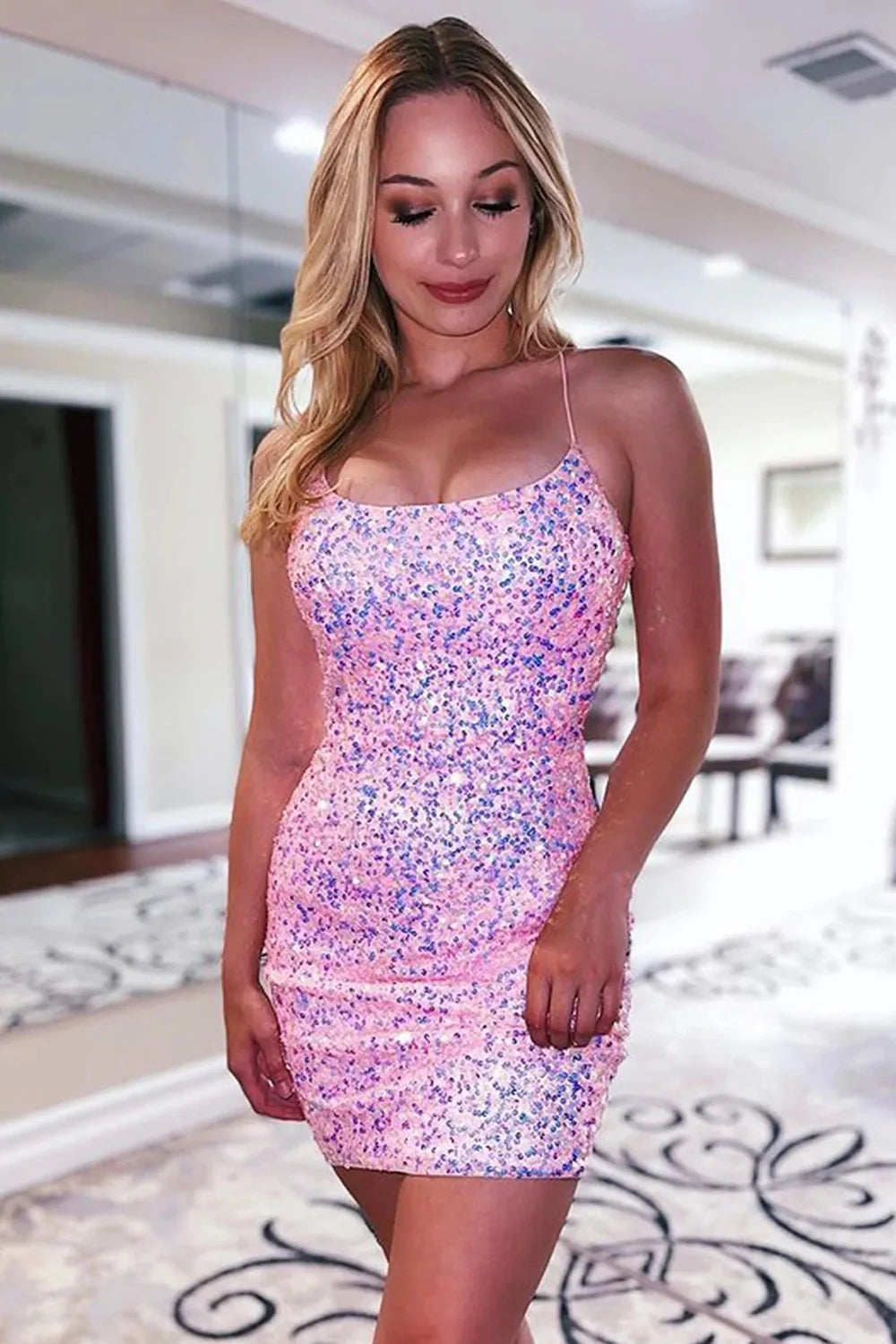 Orange Spaghetti Straps Backless Sequins Tight Homecoming Dress/Mini Dress