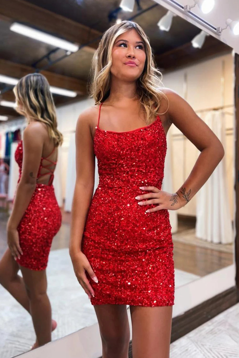 Orange Spaghetti Straps Backless Sequins Tight Homecoming Dress/Mini Dress
