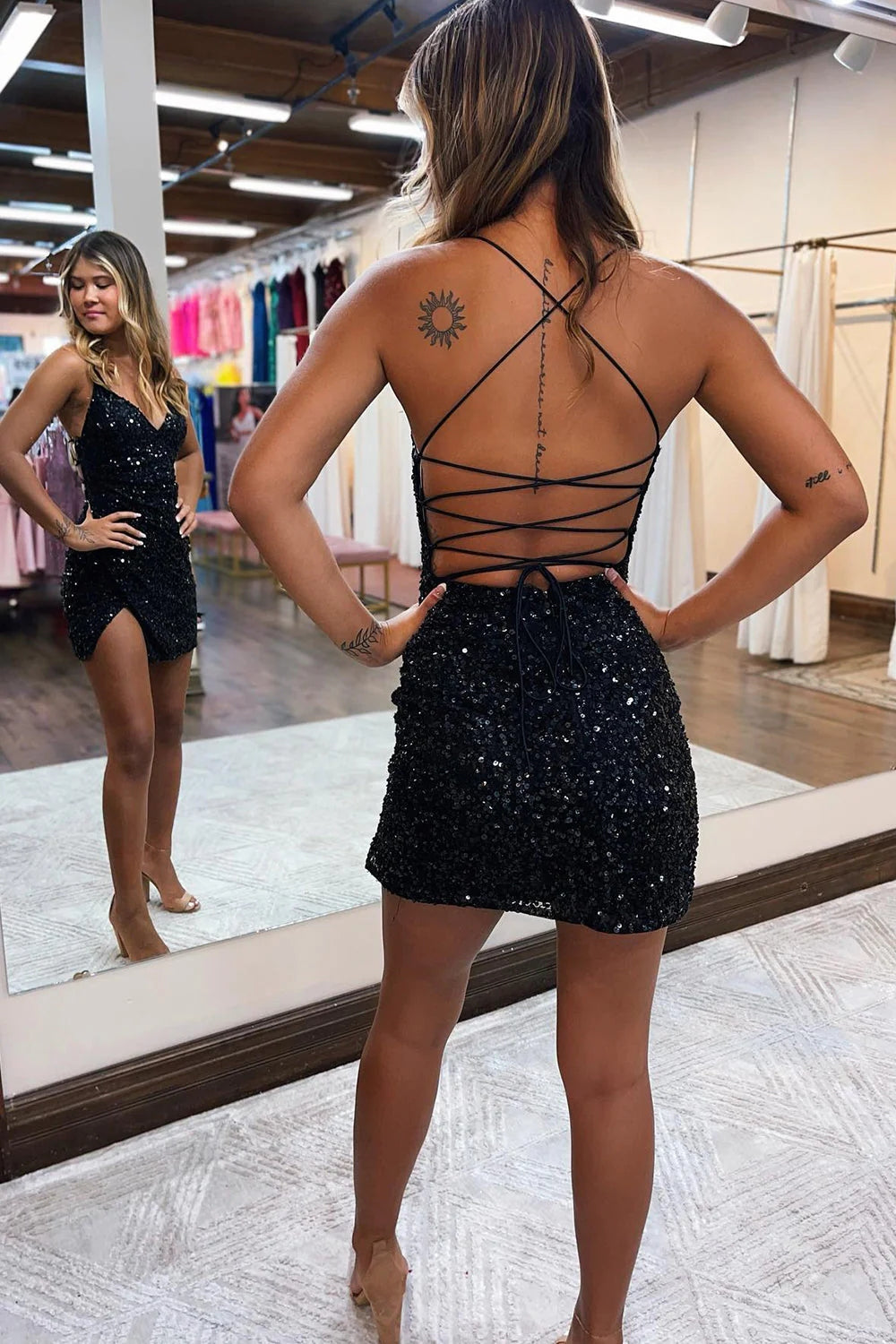 Glitter Fuchsia Spaghetti Straps Sequins Backless Tight Homecoming Dress/Mini Dress with Slit