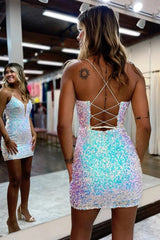 Sparkly White Lace-Up Back Tight Short Homecoming Dress/Mini Dress