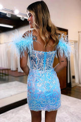 Glitter Blue Corset Lace Tight Short Homecoming Dress/Mini Dress with Feathers