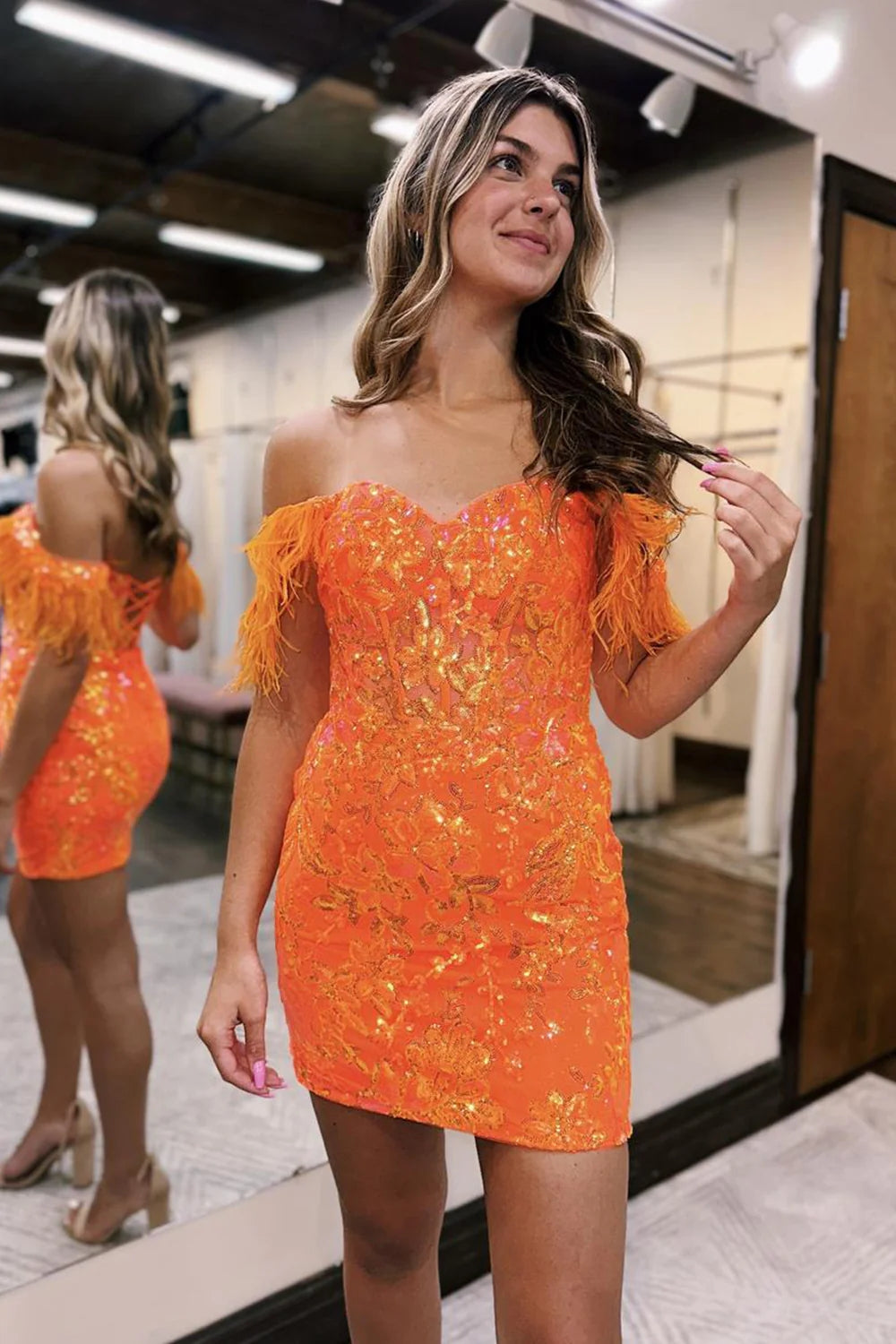 Sparkly Blue Lace Sequined Tight Short Homecoming Dress/Mini Dress with Feathers