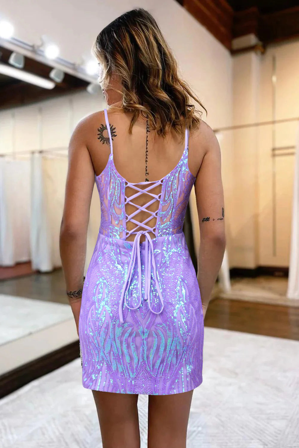 Sparkly Lilac Sequins Lace-Up Back Tight Short Homecoming Dress/Mini Dress