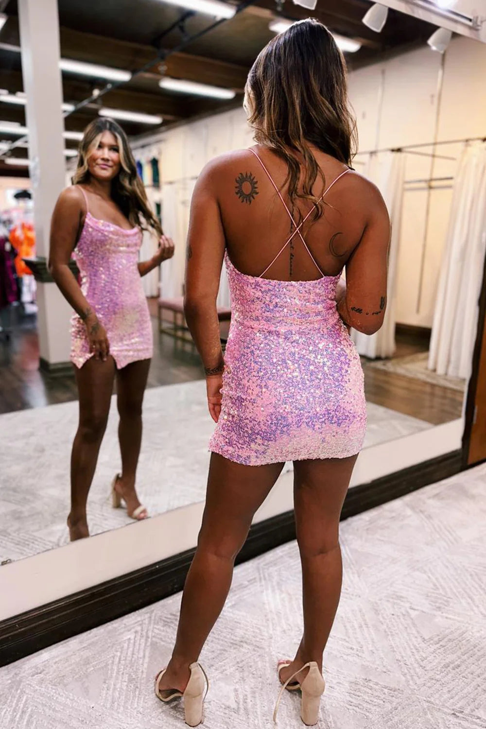 Sparkly Pink Tight Short Sequins Homecoming Dress/Mini Dress with Slit