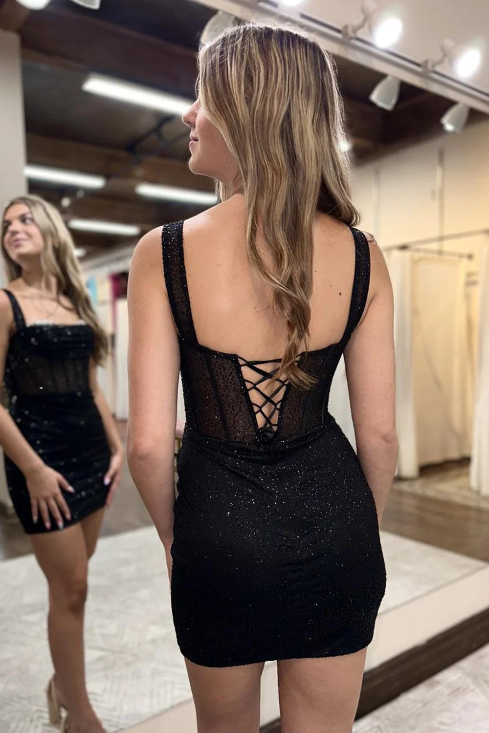 Glitter Black Corset Sequins Off the Shoulder Tight Short Homecoming Dress/Mini Dress