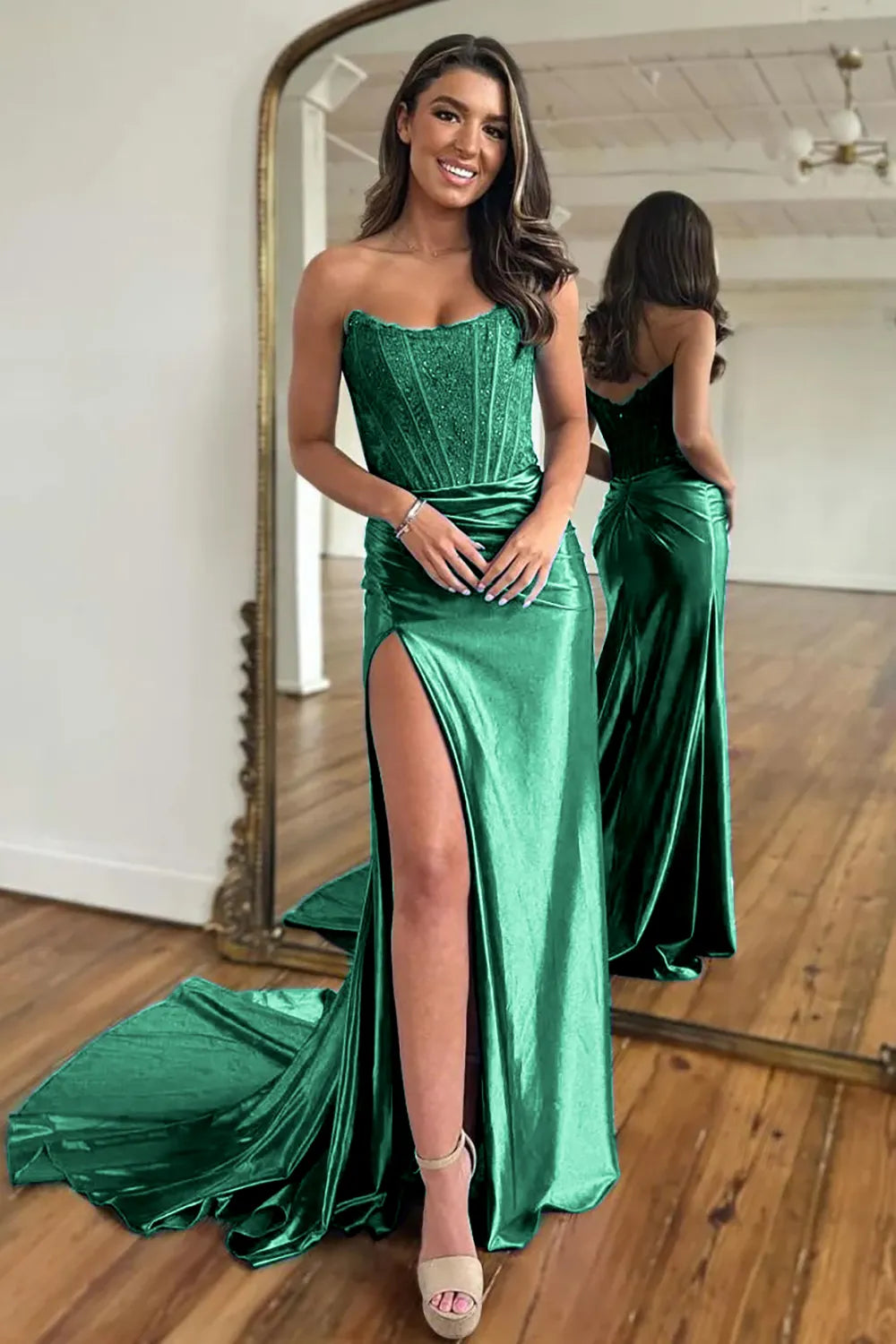 Long Satin Mermaid Prom Dress in Fuchsia with Strapless Corset and Slit