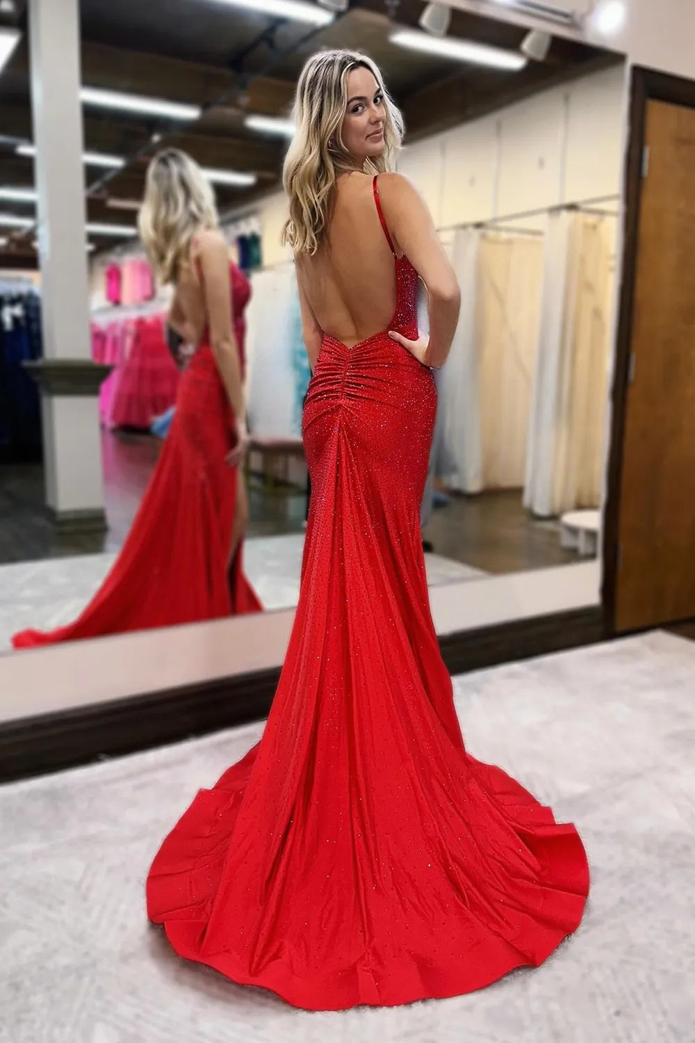 Long V-Neck Mermaid Prom Dress in Sparkly Light Blue with Beaded Details and Slit