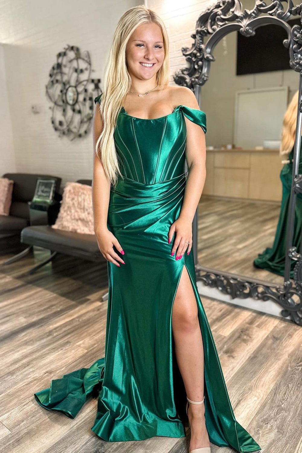 Satin Dark Green Mermaid Corset Prom Dress with Ruched Off-Shoulder Neckline and Slit