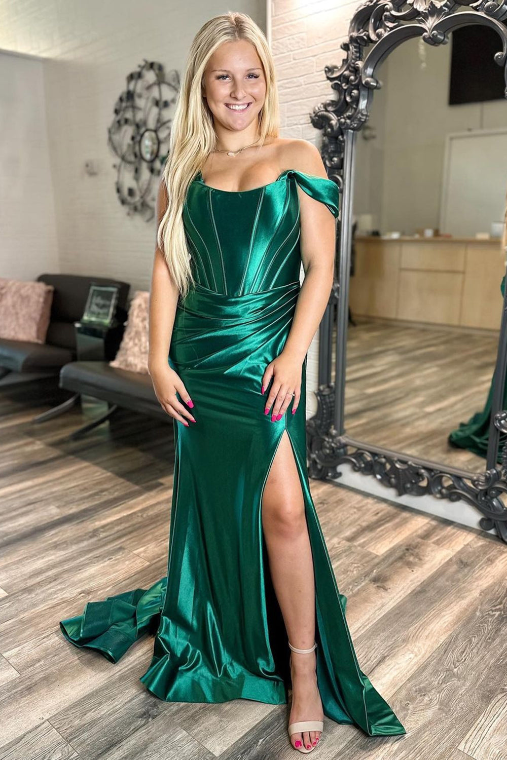 Satin Dark Green Mermaid Corset Prom Dress with Ruched Off-Shoulder Neckline and Slit