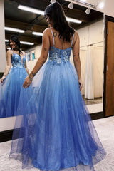 Long A-Line Corset Prom Dress in Blue with Tulle and Spaghetti Straps Featuring Appliques