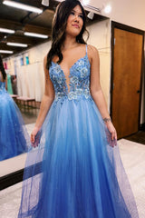 Long A-Line Corset Prom Dress in Blue with Tulle and Spaghetti Straps Featuring Appliques