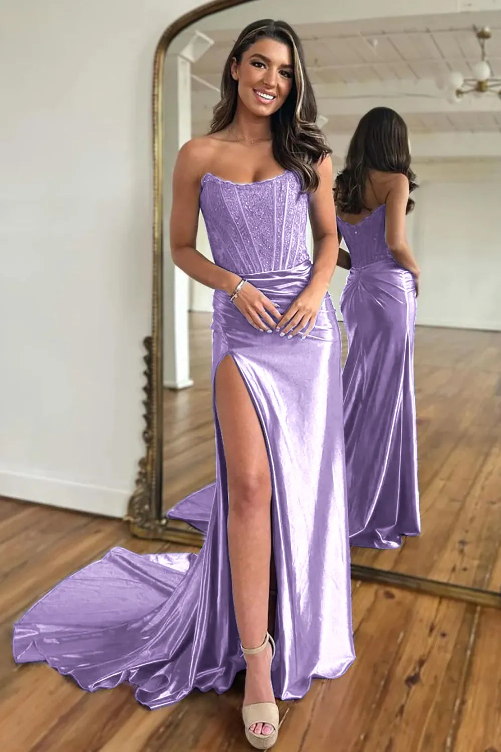 Long Satin Mermaid Prom Dress in Fuchsia with Strapless Corset and Slit