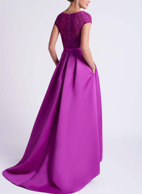Asymmetrical A-Line Mother of the Bride Dress with Scoop Neck and Short Sleeves