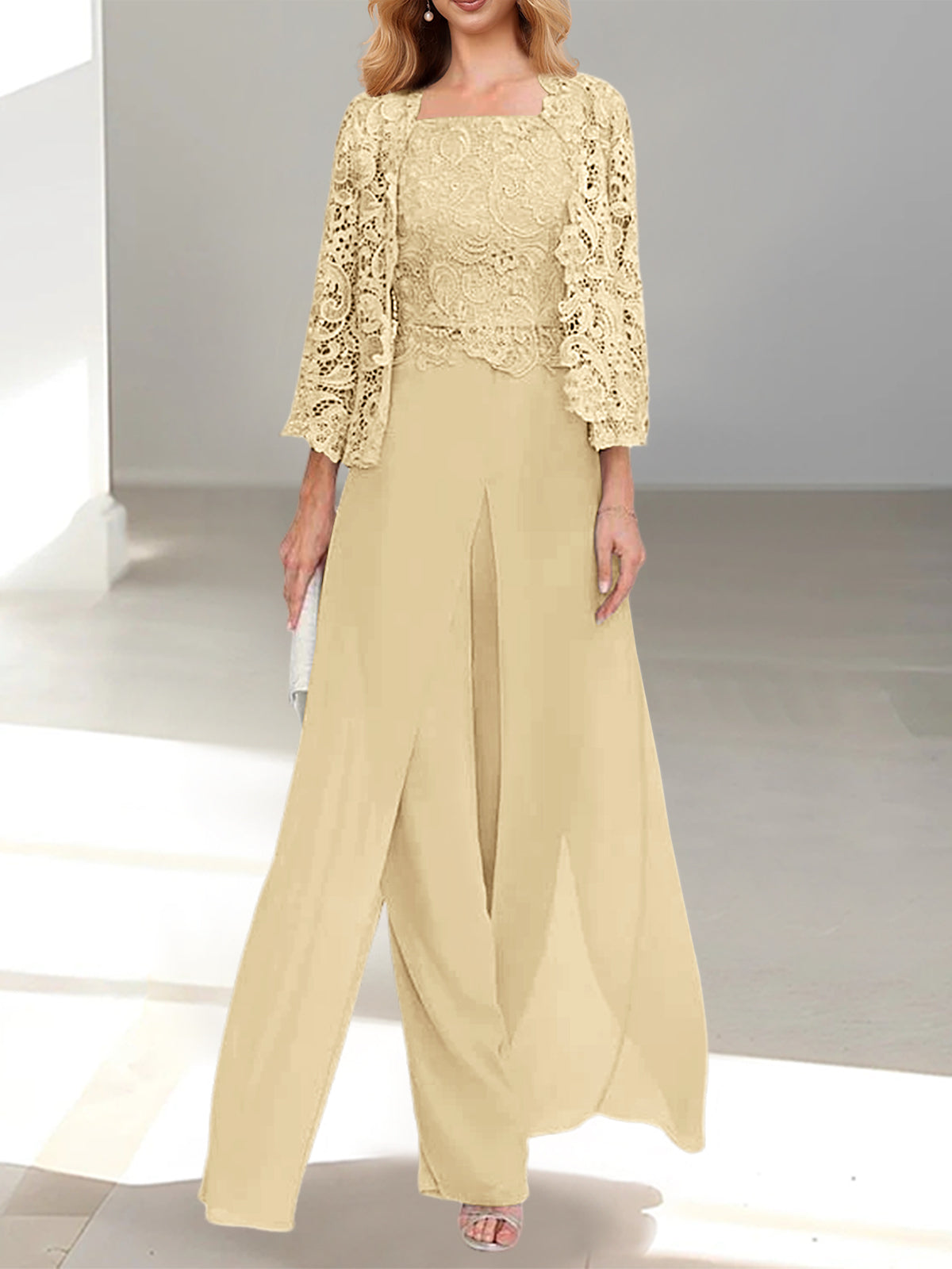 Floor-Length Square Neck Chiffon Mother of the Bride Pantsuit with Jacket & Side Split