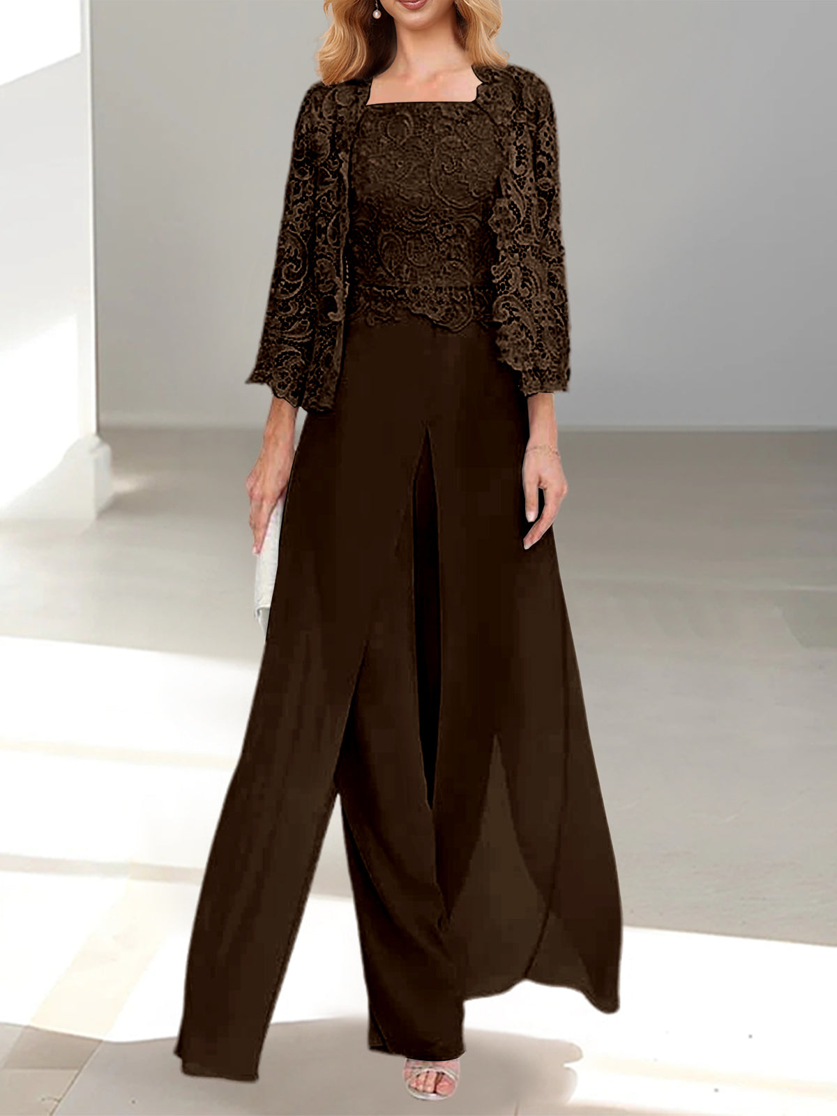 Floor-Length Square Neck Chiffon Mother of the Bride Pantsuit with Jacket & Side Split