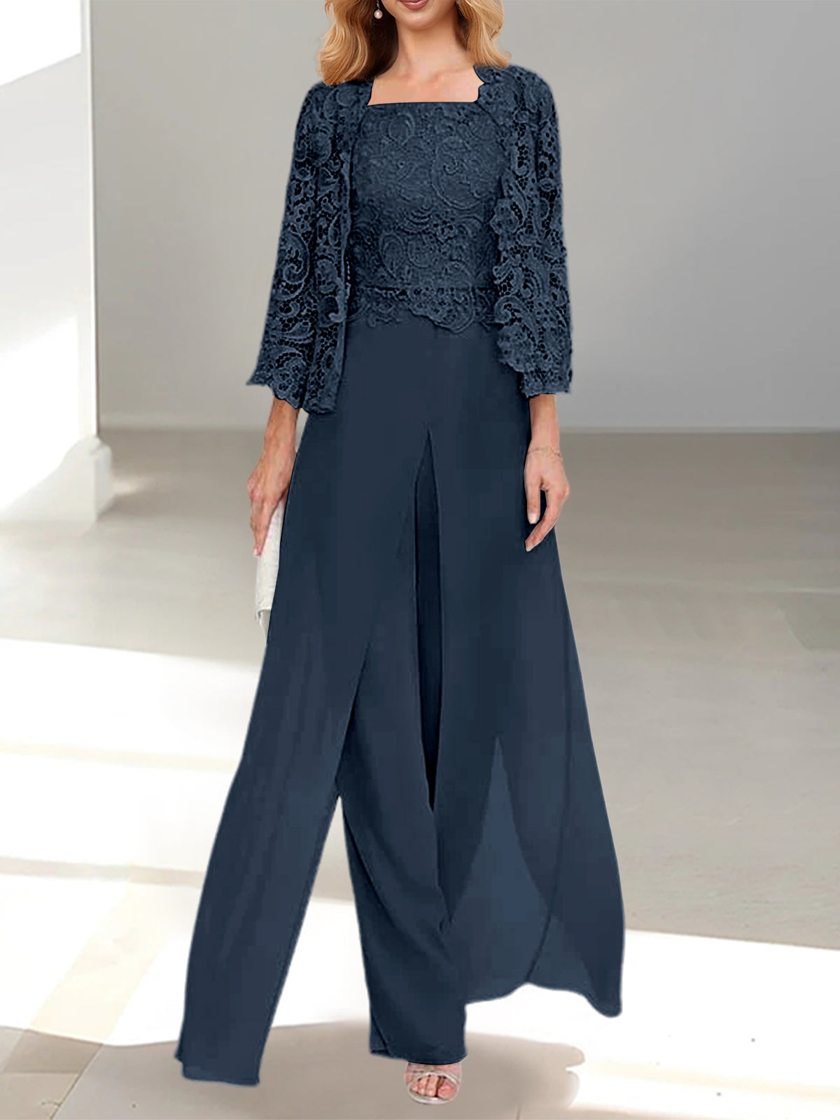Floor-Length Square Neck Chiffon Mother of the Bride Pantsuit with Jacket & Side Split