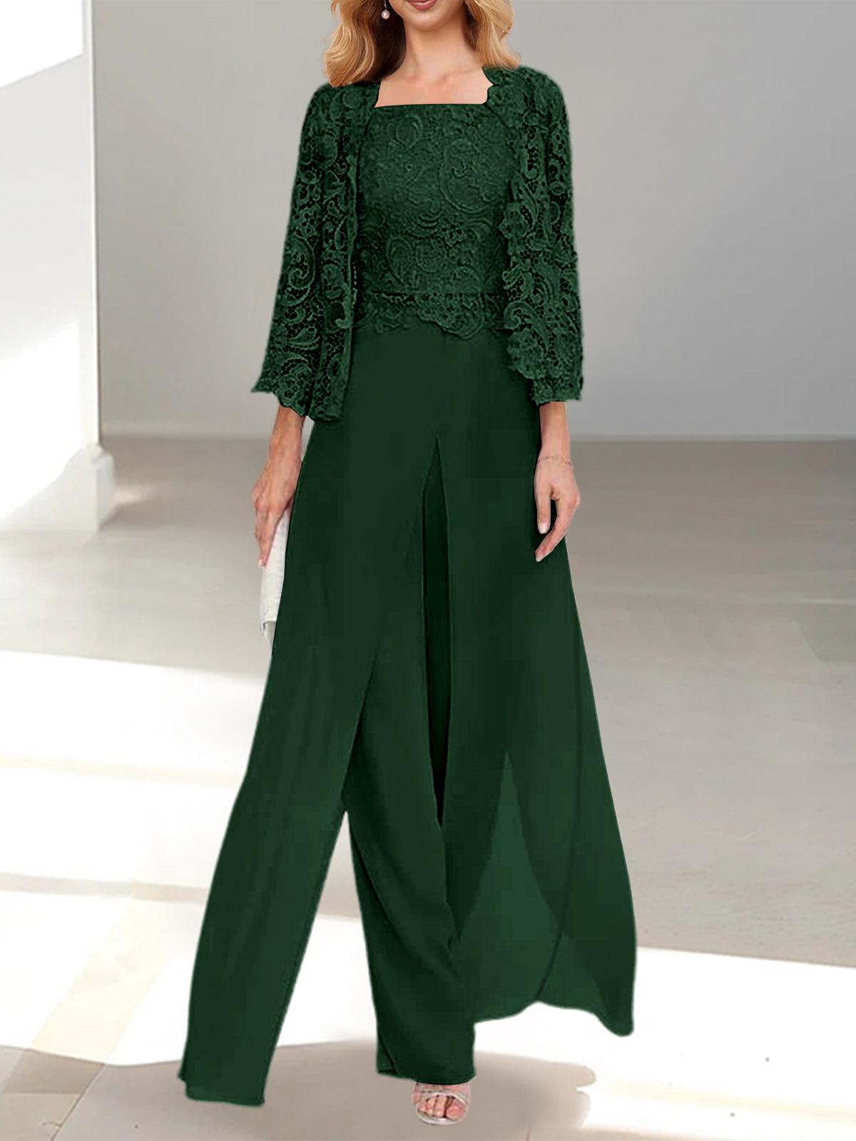 Floor-Length Square Neck Chiffon Mother of the Bride Pantsuit with Jacket & Side Split