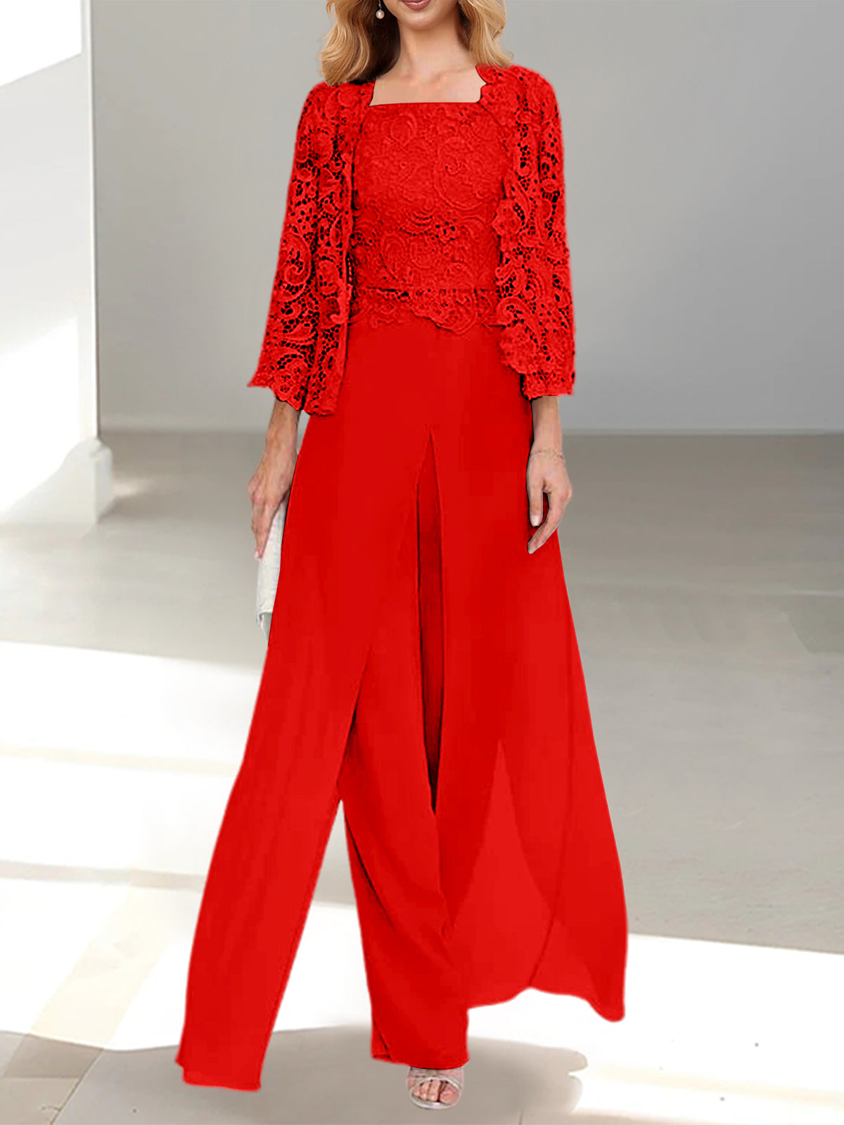 Floor-Length Square Neck Chiffon Mother of the Bride Pantsuit with Jacket & Side Split