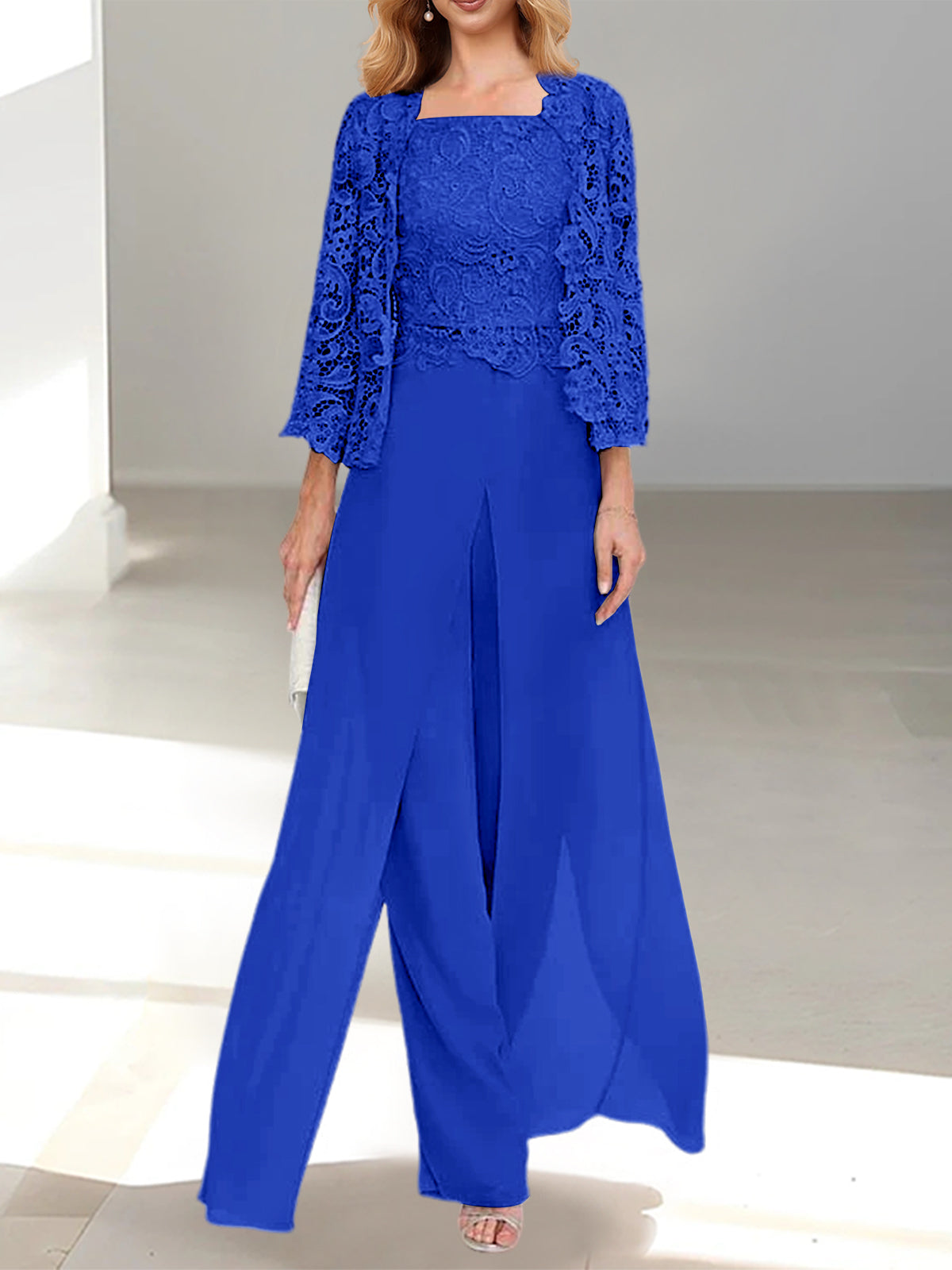 Floor-Length Square Neck Chiffon Mother of the Bride Pantsuit with Jacket & Side Split