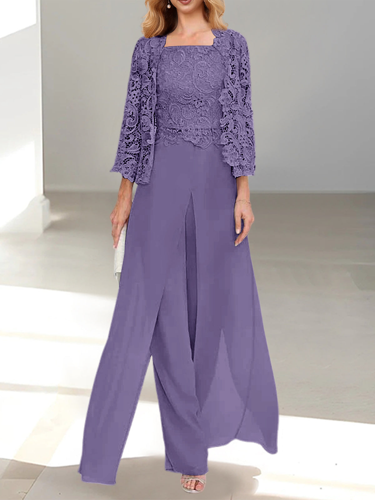 Floor-Length Square Neck Chiffon Mother of the Bride Pantsuit with Jacket & Side Split
