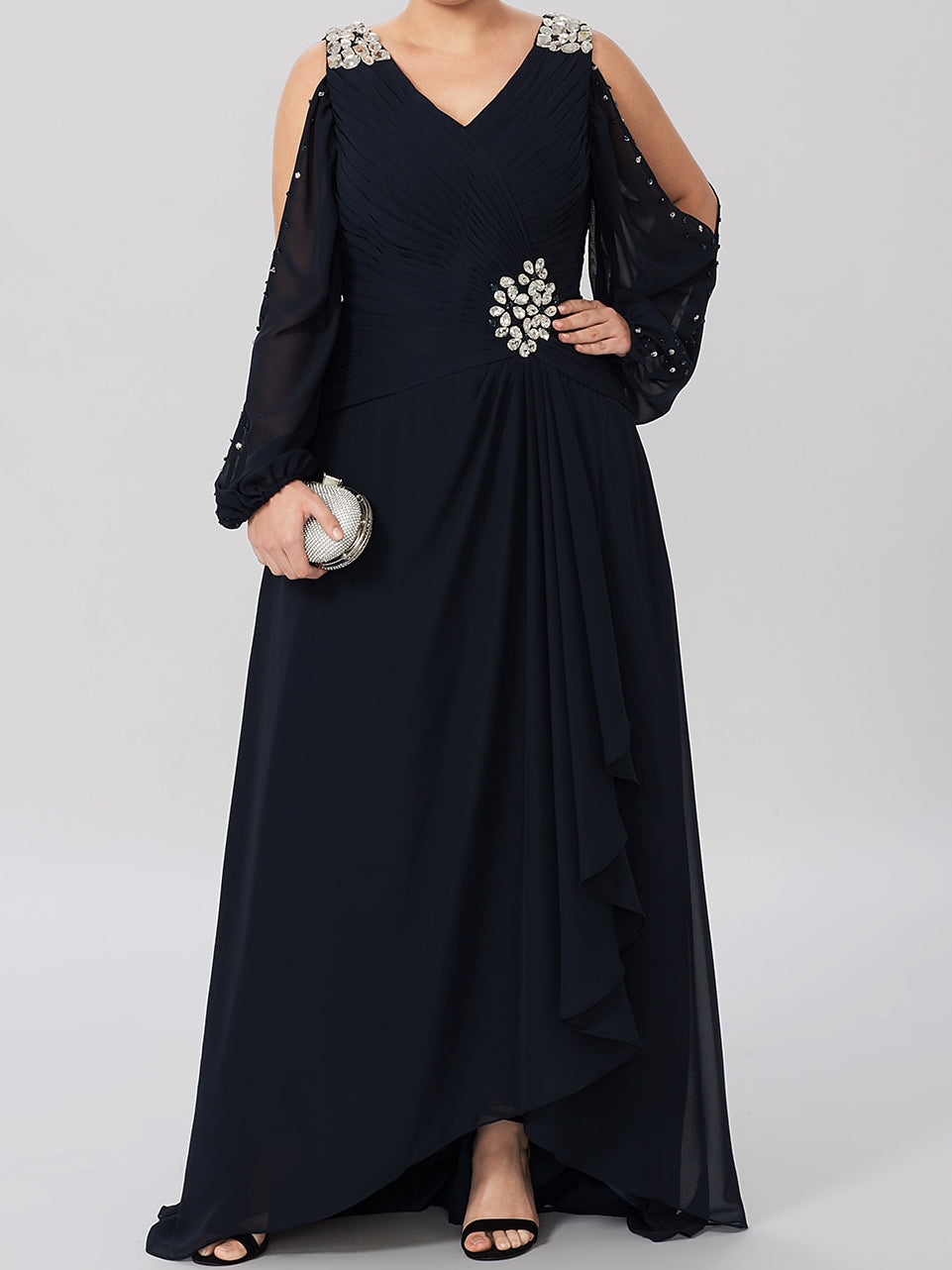 V-Neck A-Line Princess Gown for the Mother of the Bride Embellished with Rhinestones