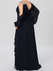 V-Neck A-Line Princess Gown for the Mother of the Bride Embellished with Rhinestones