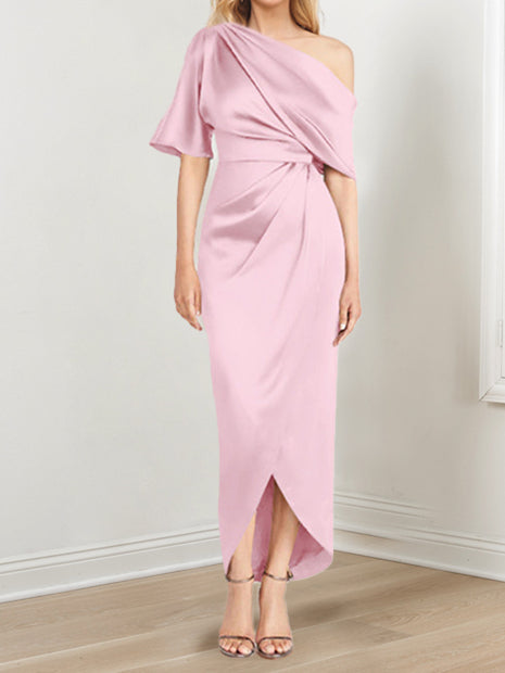 Asymmetrical One-Shoulder Short Sleeve Sheath Dress with Ruffles for the Mother of the Bride