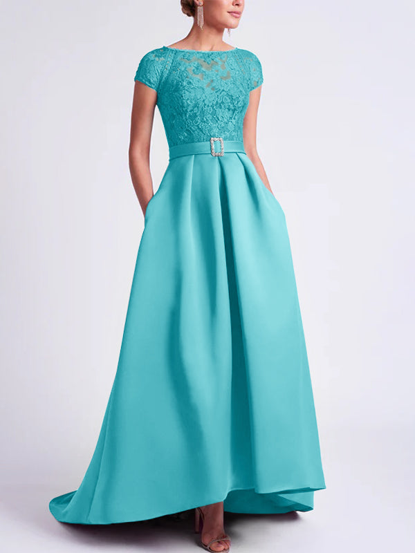 Asymmetrical A-Line Mother of the Bride Dress with Scoop Neck and Short Sleeves